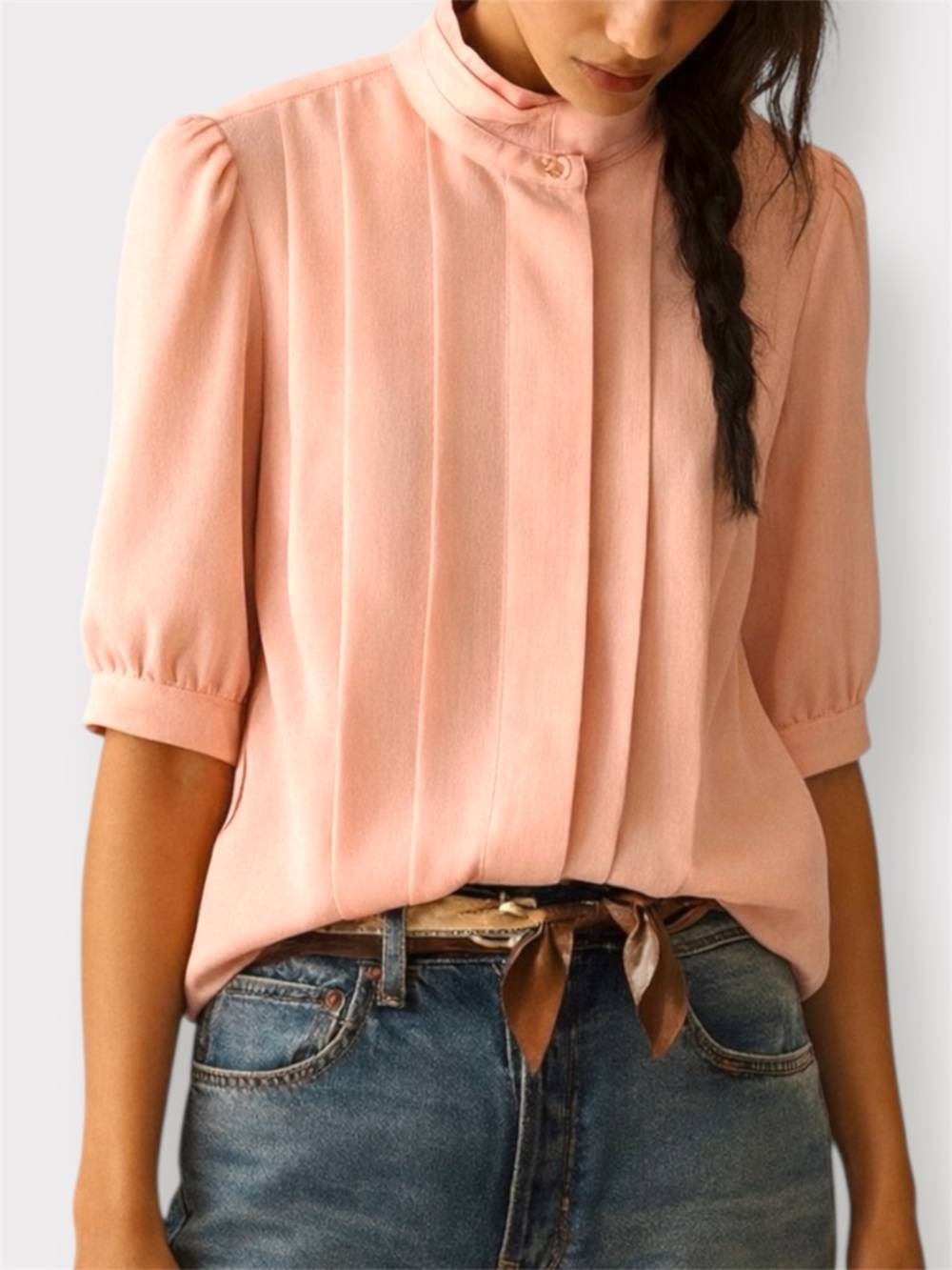 Vintage Poet by Nicola Coral Pleated High Collar Blouse Top